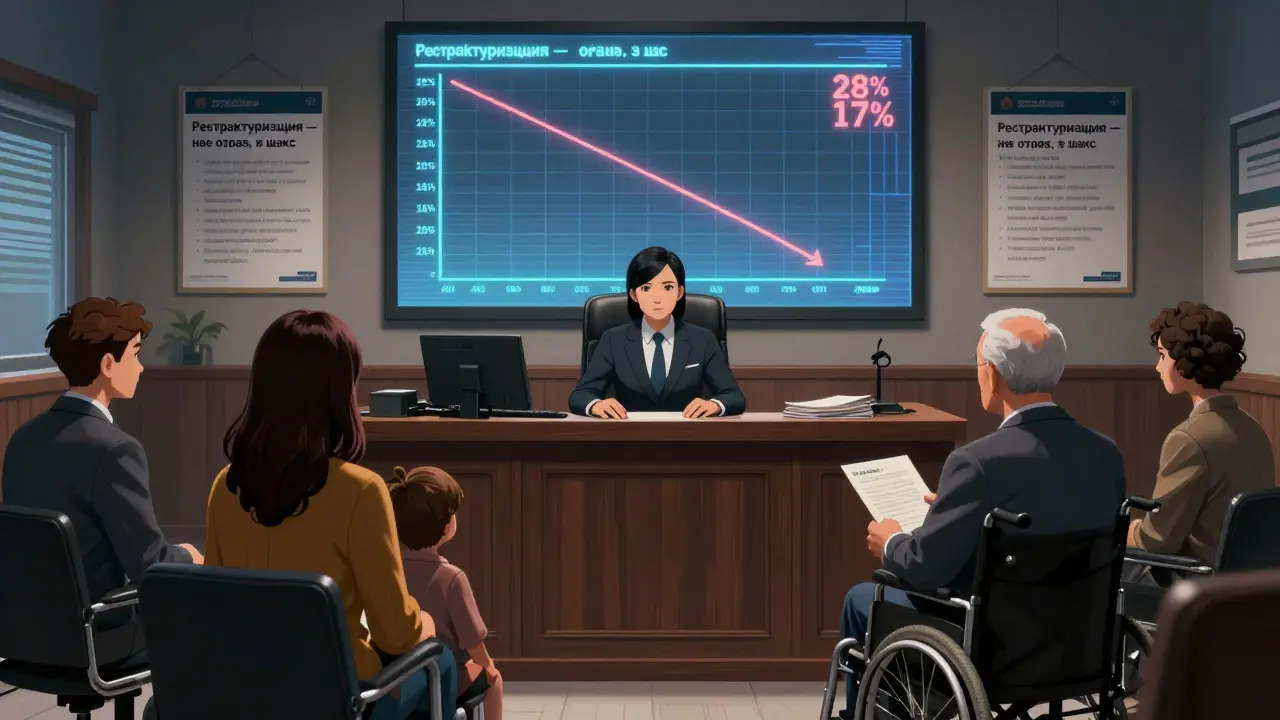 В банке клиенты подают документы для реструктуризации ипотеки, на экране — падение ставки.