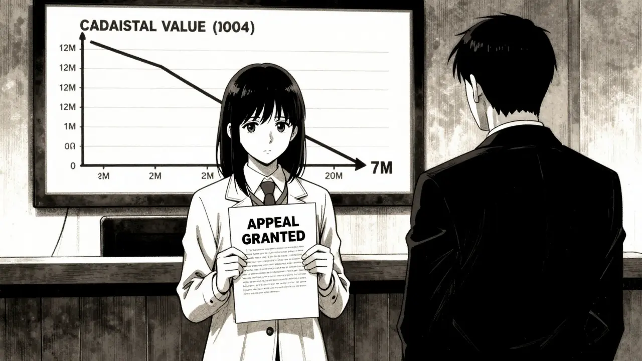 Женщина получает решение суда о снижении кадастровой стоимости, на экране падающий график, адвокат в тени.