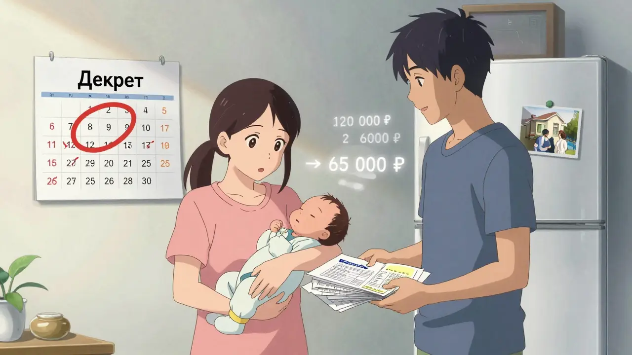 Женщина с новорожденным и медицинскими бумагами, на холодильнике — фото прежнего дома.