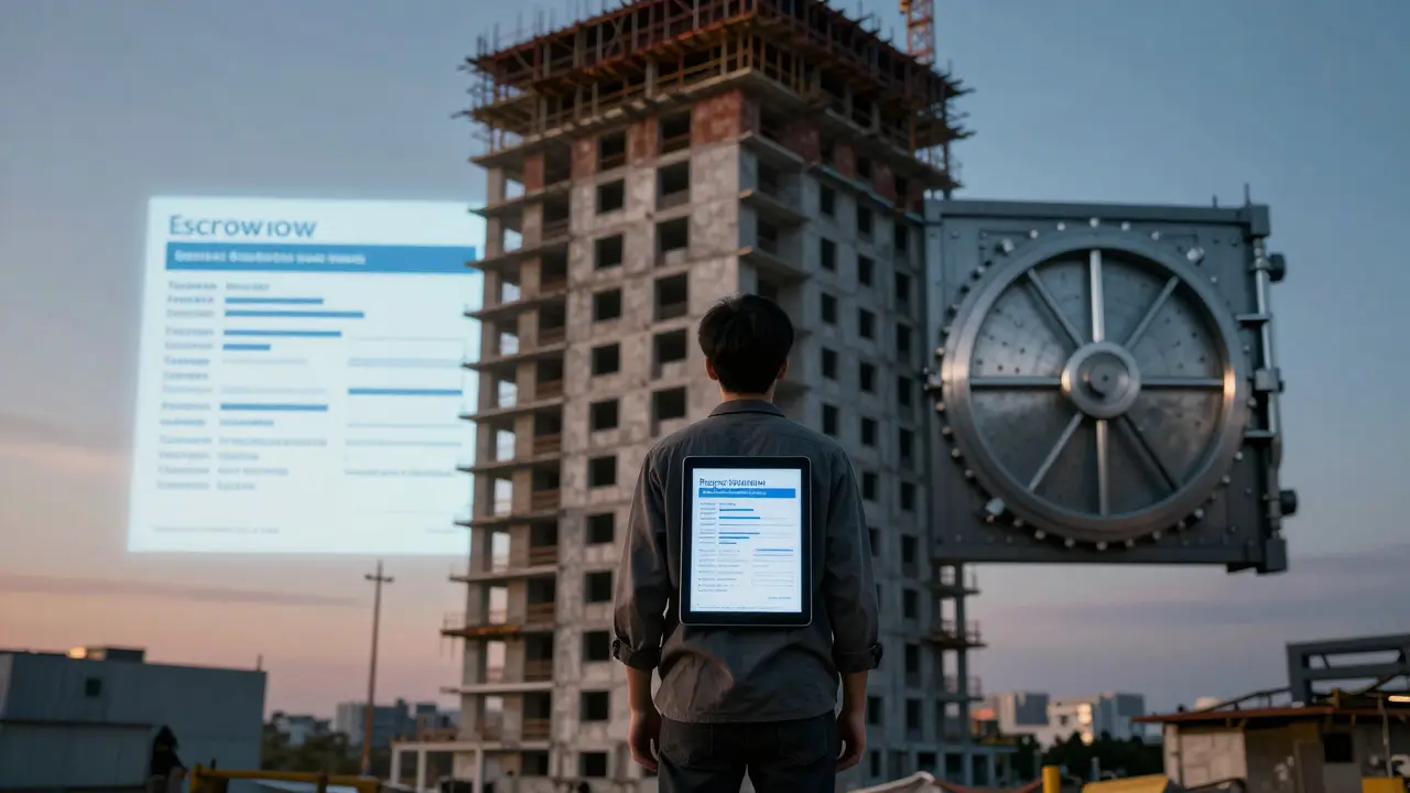 Человек стоит перед недостроенным домом, на планшете — реальные данные строительства, за спиной — два пути: безопасность или обман.