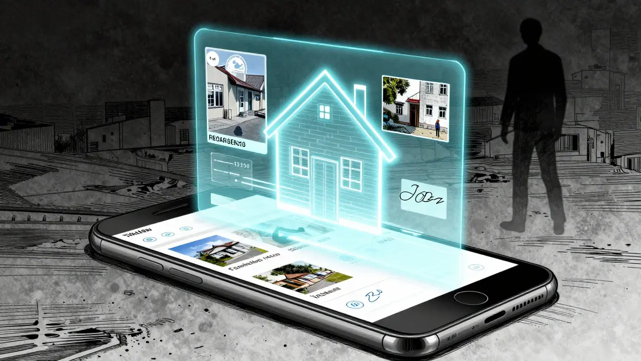 Цифровой акт приема-передачи на экране телефона с геотегами и цифровыми подписями, символизирующий будущее сделок.