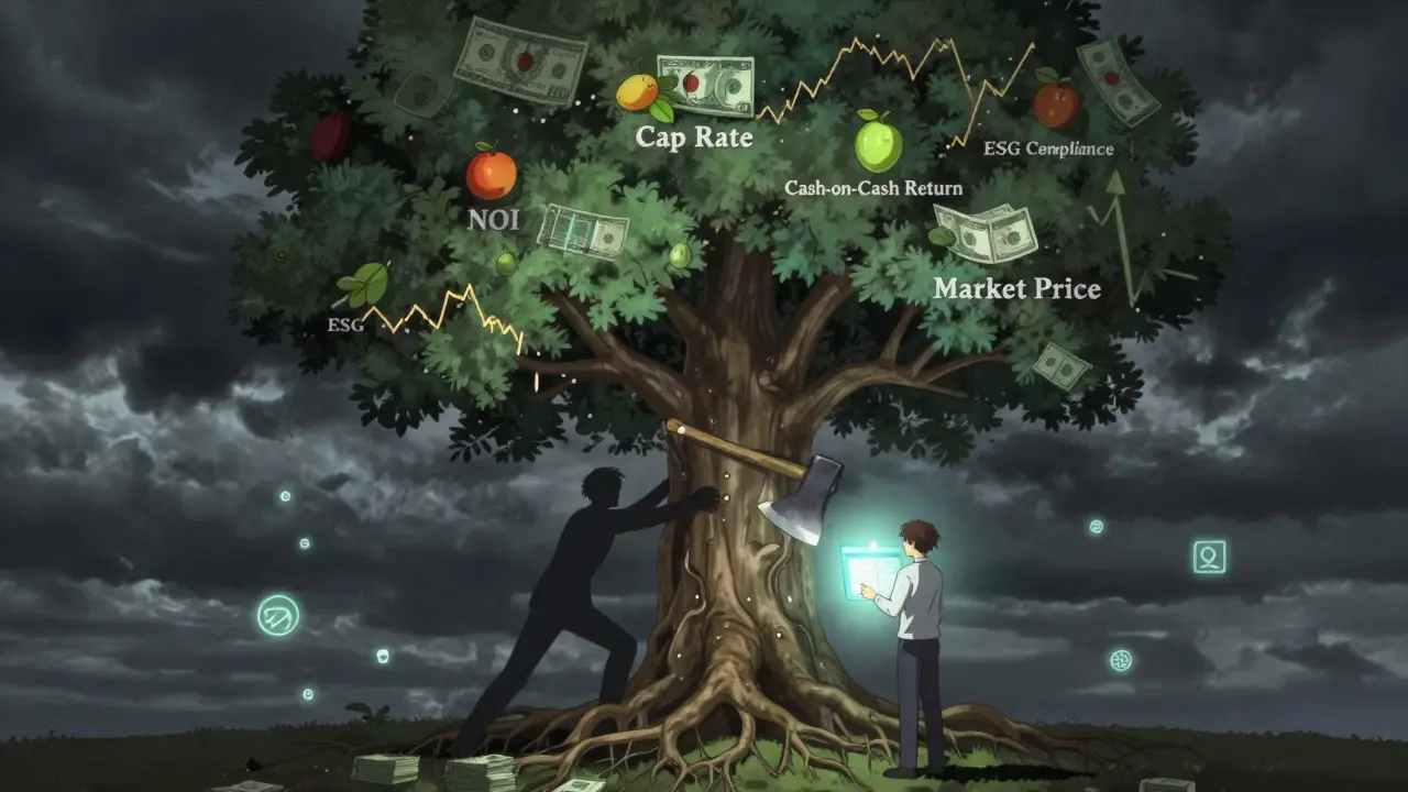 Дерево инвестиционных показателей с символами ESG и инвестор против рыночной цены.