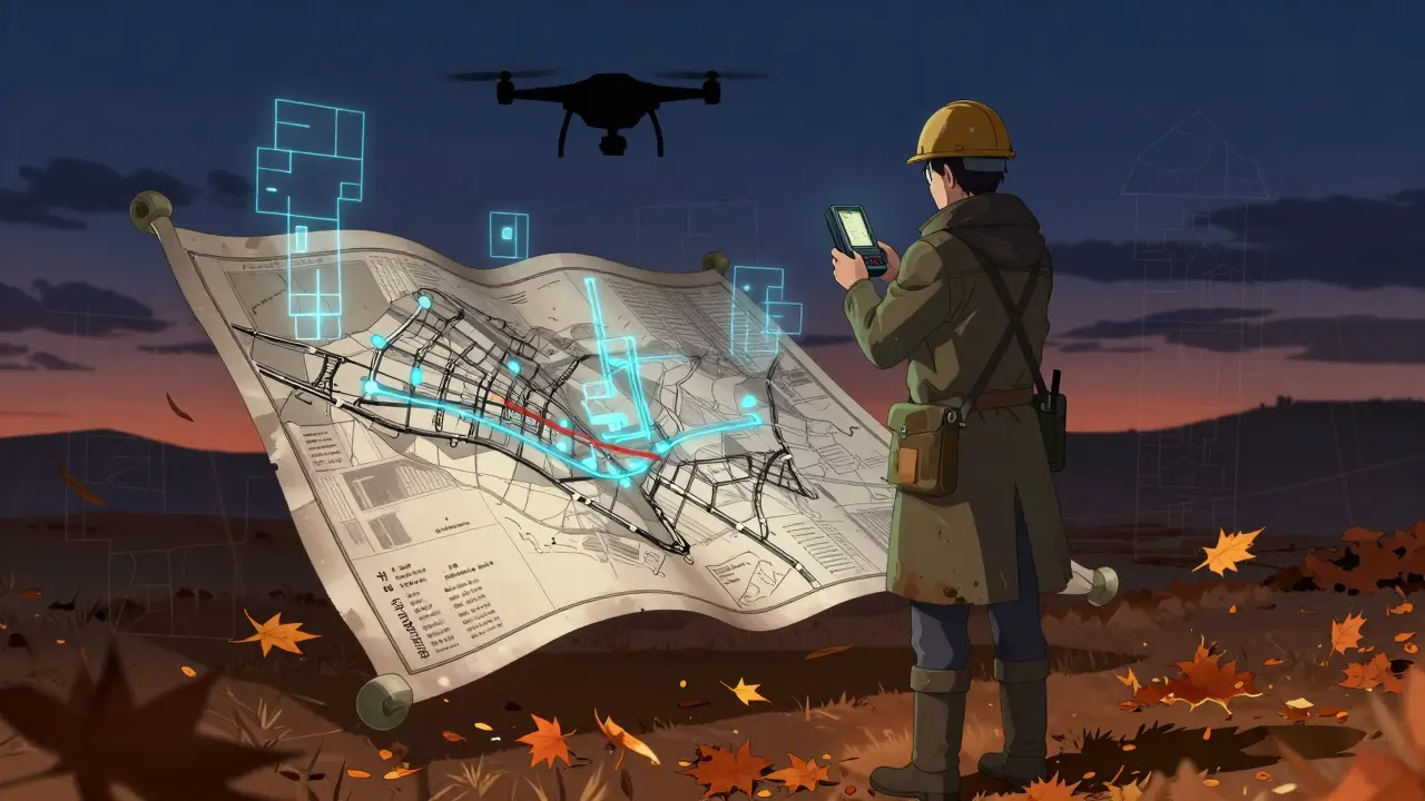 Кадастровый инженер проводит съемку участка с помощью геодезического оборудования и дрона.