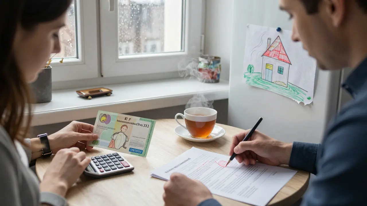 Мать на кухне кладет материнский капитал рядом с расчетами ипотеки, отец проверяет доходы.