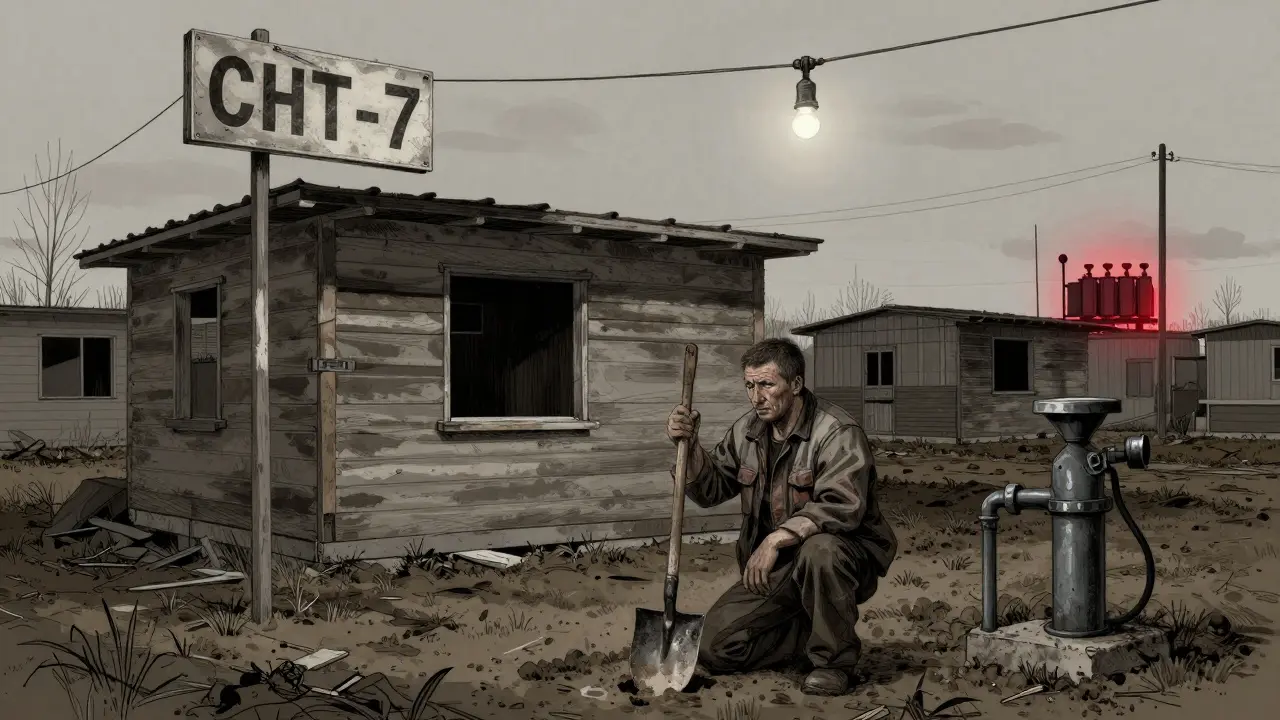 Мужчина с лопатой на заброшенном участке СНТ с неработающими проводами.