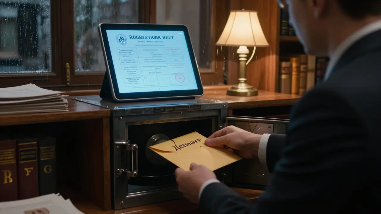 Нотариус кладёт депозит в сейф, за его спиной светится подтверждение регистрации из Росреестра.