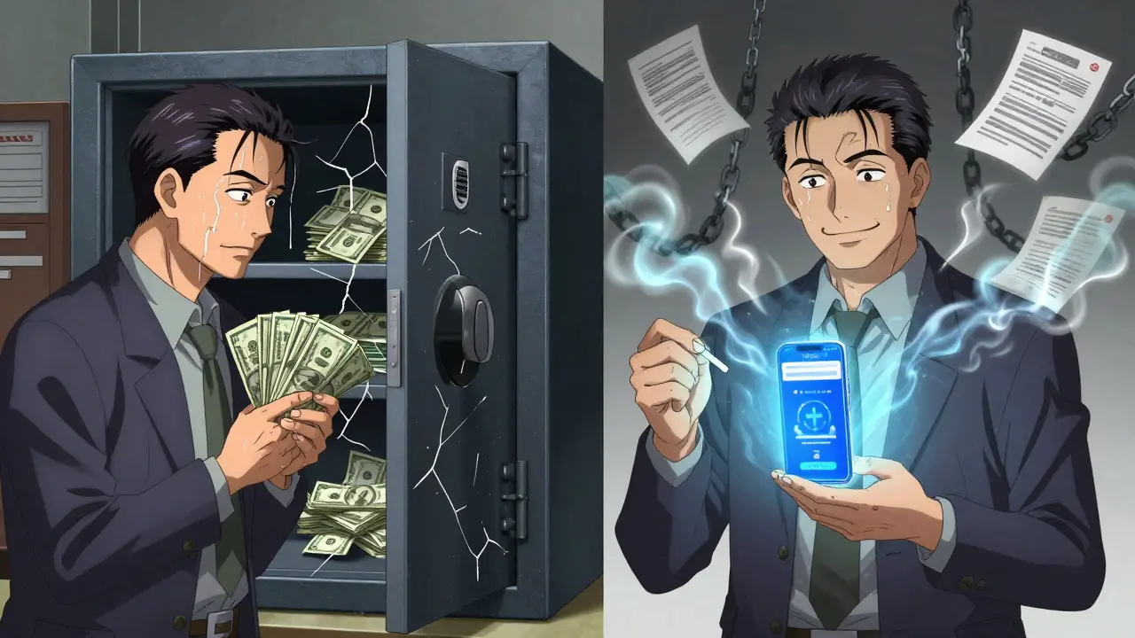 Продавец сравнивает наличные деньги и цифровой перевод — тень мошенничества исчезает.