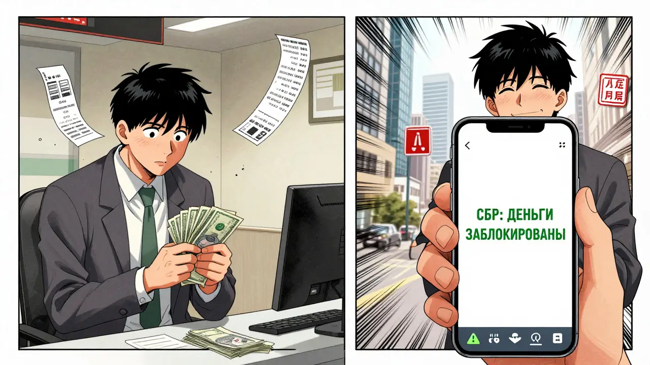 Разделённая сцена: слева — наличные в банке, справа — безопасный перевод на телефоне с зелёной меткой СБР.