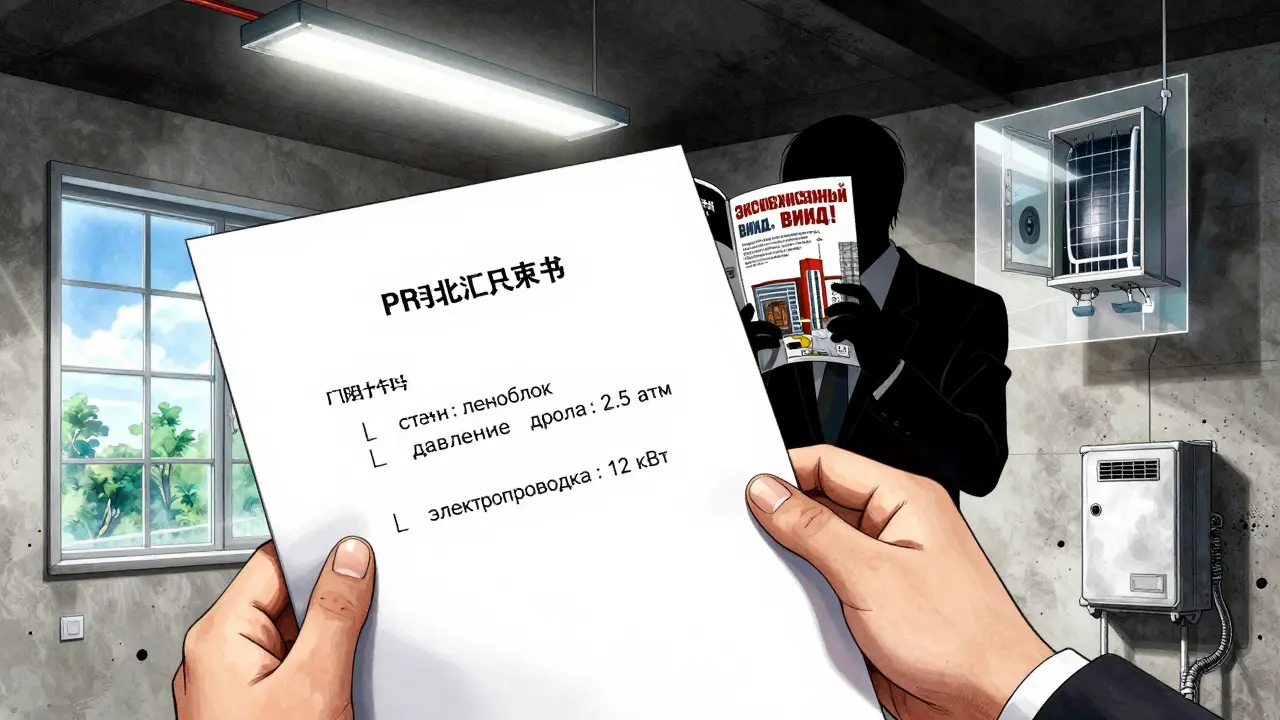 Рука держит проектную декларацию с важными техническими параметрами жилья.