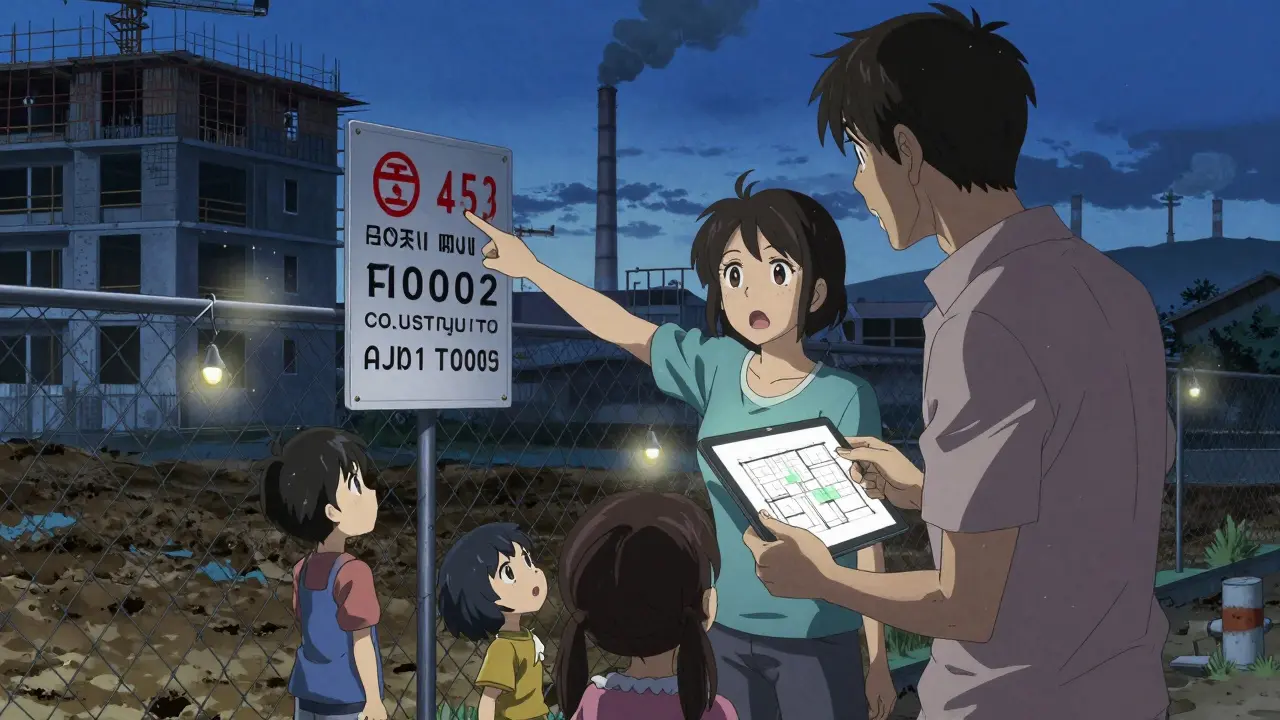 Семья осматривает стройплощадку новостройки, где отсутствует инфраструктура.