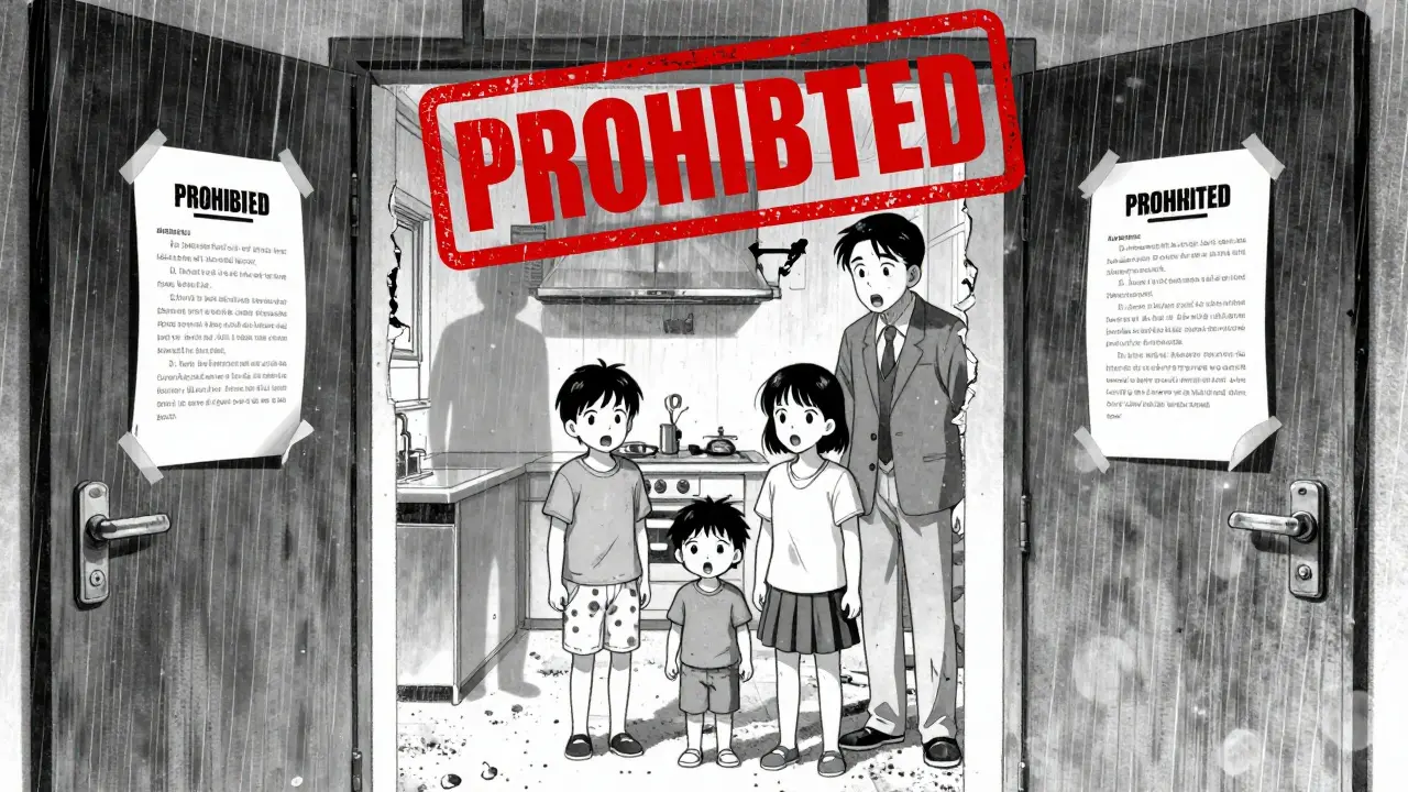 Семья с судебным извещением, прозрачный старый план квартиры накладывается на современную планировку.