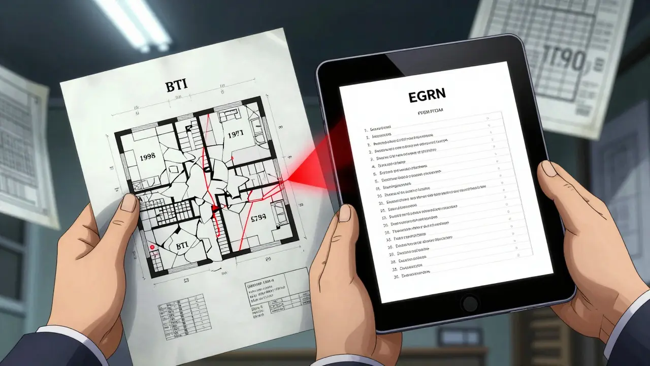 Сравнение старого плана БТИ и выписки ЕГРН с выделенными несоответствиями стен.