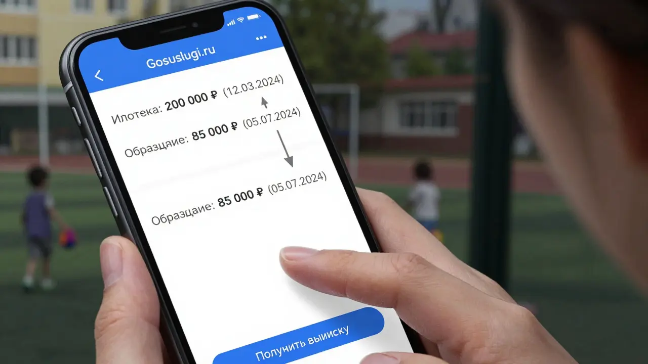 Телефон показывает детализированный список трат материнского капитала.