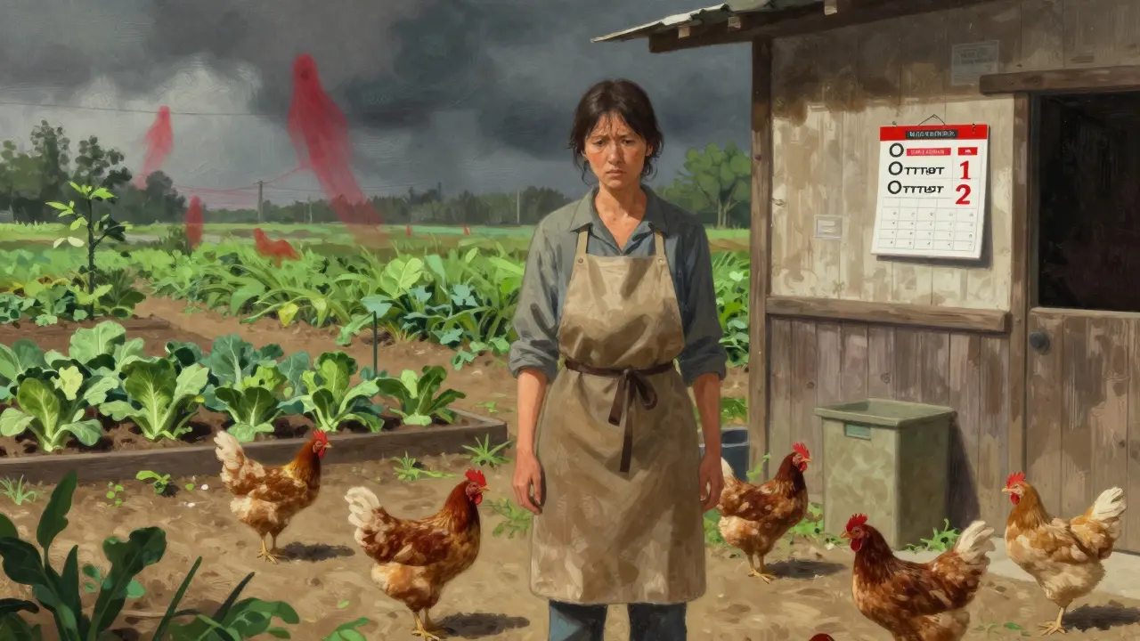 Женщина на участке ЛПХ с курами и овощами, смотрящая на бумажные отчёты.