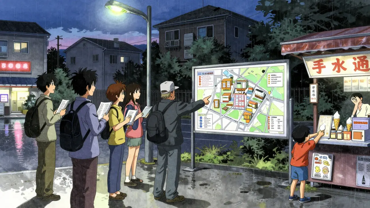 Жители поселка обсуждают планы строительства школы и аптеки под фонарем, ребенок берет мороженое.