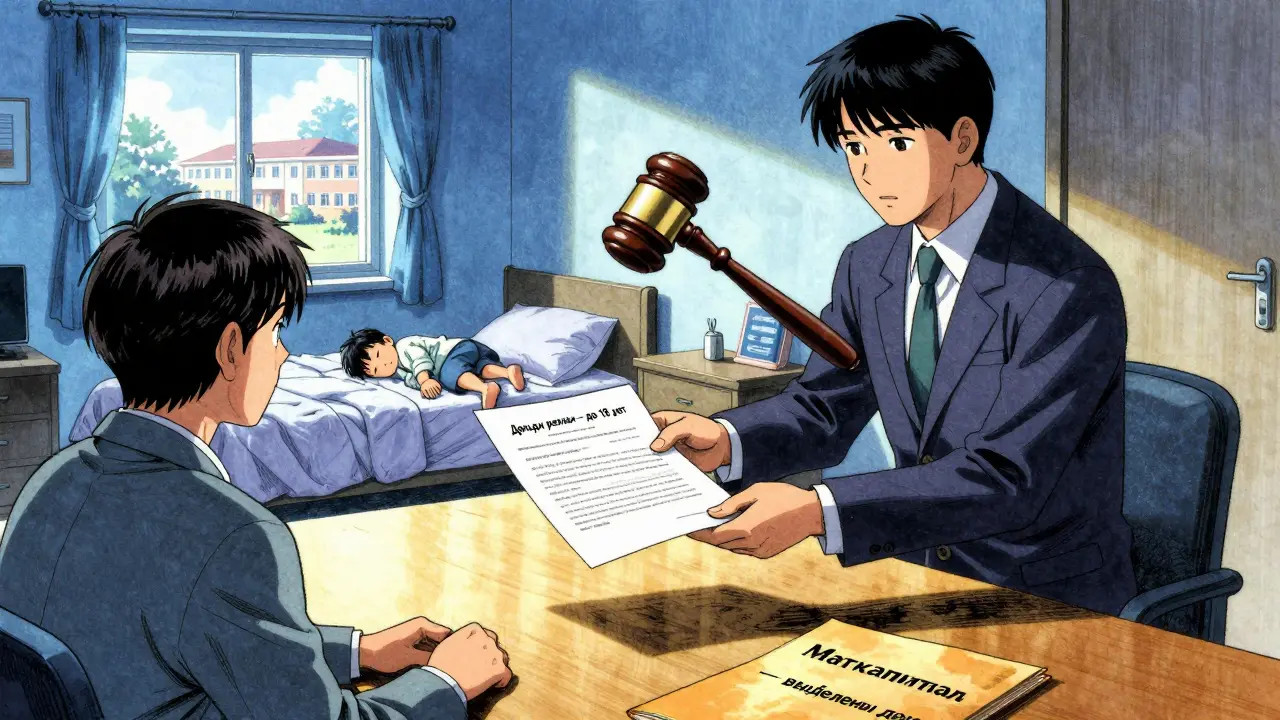 Банковский договор и заблокированный счет рядом с комнатой ребенка, видна школа в окне — символ законного переезда.