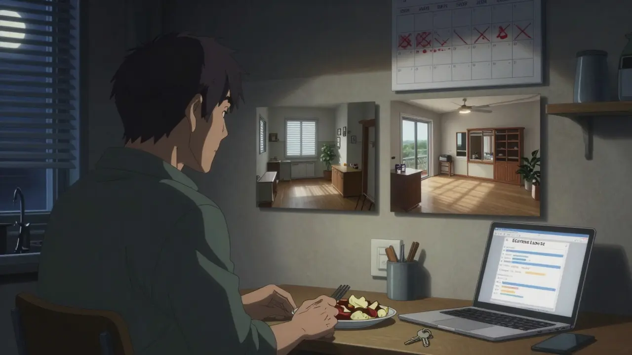 Мужчина смотрит на две фотографии квартир — старую и новую — в тёмной кухне, на столе лежит ключ и открытый ноутбук с балансом.