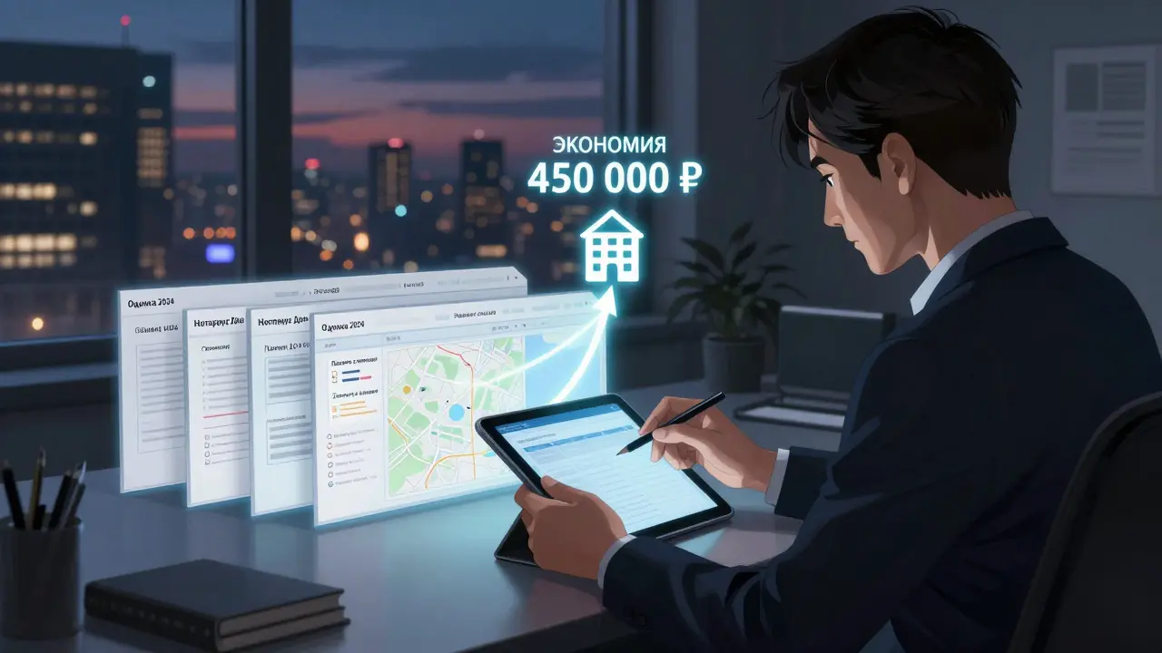 Налоговый консультант сортирует цифровые документы, связанные с продажей квартиры и экономией 450 тысяч рублей.
