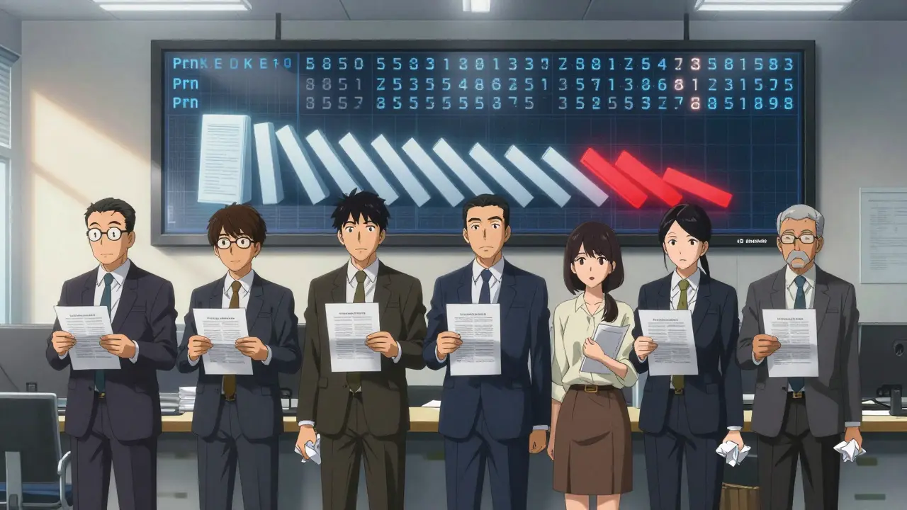 Пять человек в офисе Росреестра стоят в очереди, за ними на экране падает цепочка из адресов, один из них светится красным.