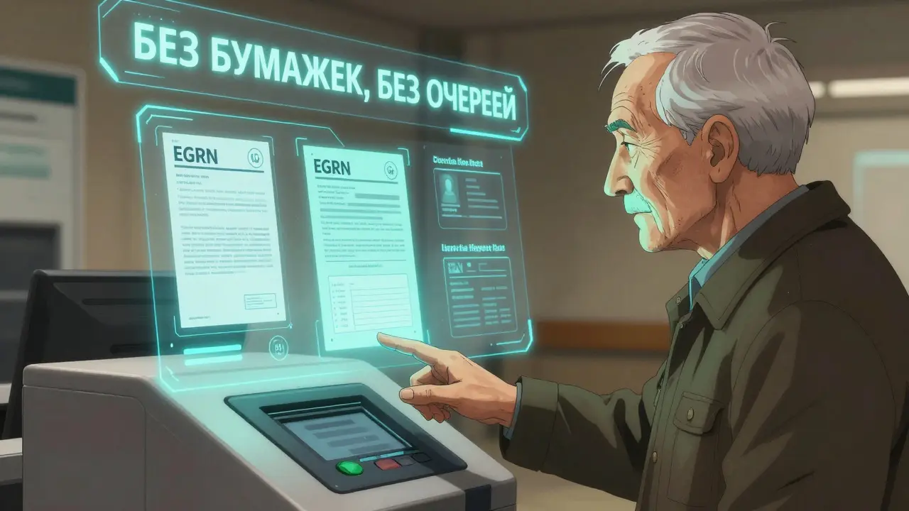 Пенсионер проходит биометрическую регистрацию в 2025 году, hologрафические документы в воздухе.