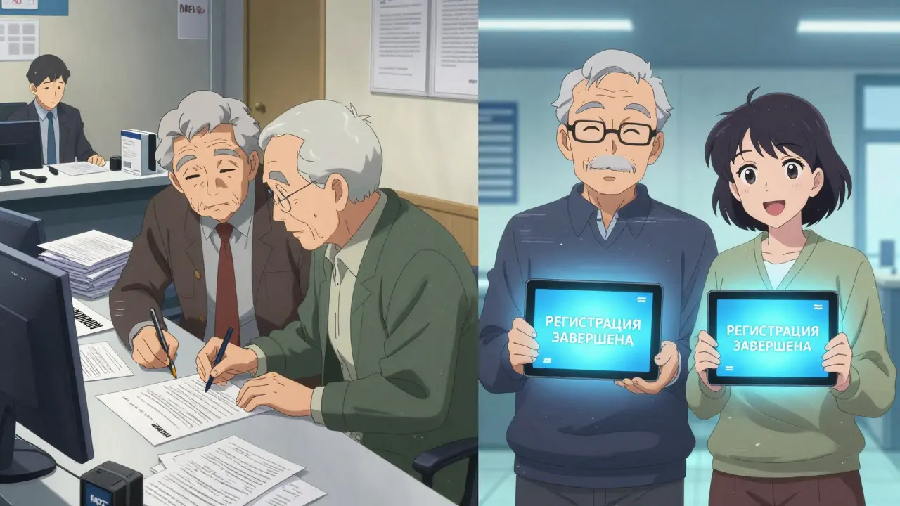 Пожилая пара в МФЦ: слева — хаос документов, справа — спокойствие цифровой регистрации.