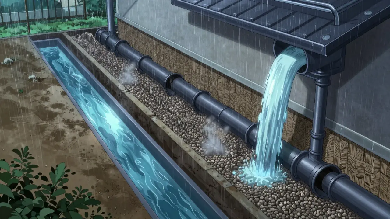 Разрез системы дренажа и ливневой канализации: трубы, геотекстиль и щебень, вода отводится от дома.