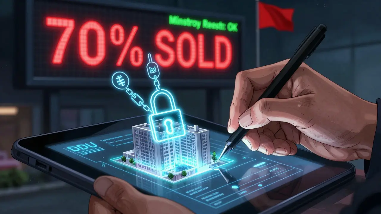 Рука подписывает электронный ДДУ, над квартирой — цифровые метки продаж и статус Минстроя.