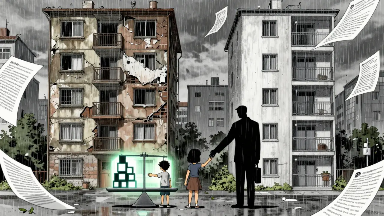 Семья сравнивает старую и новую квартиру, над ними — весы с площадью и стоимостью детской доли.