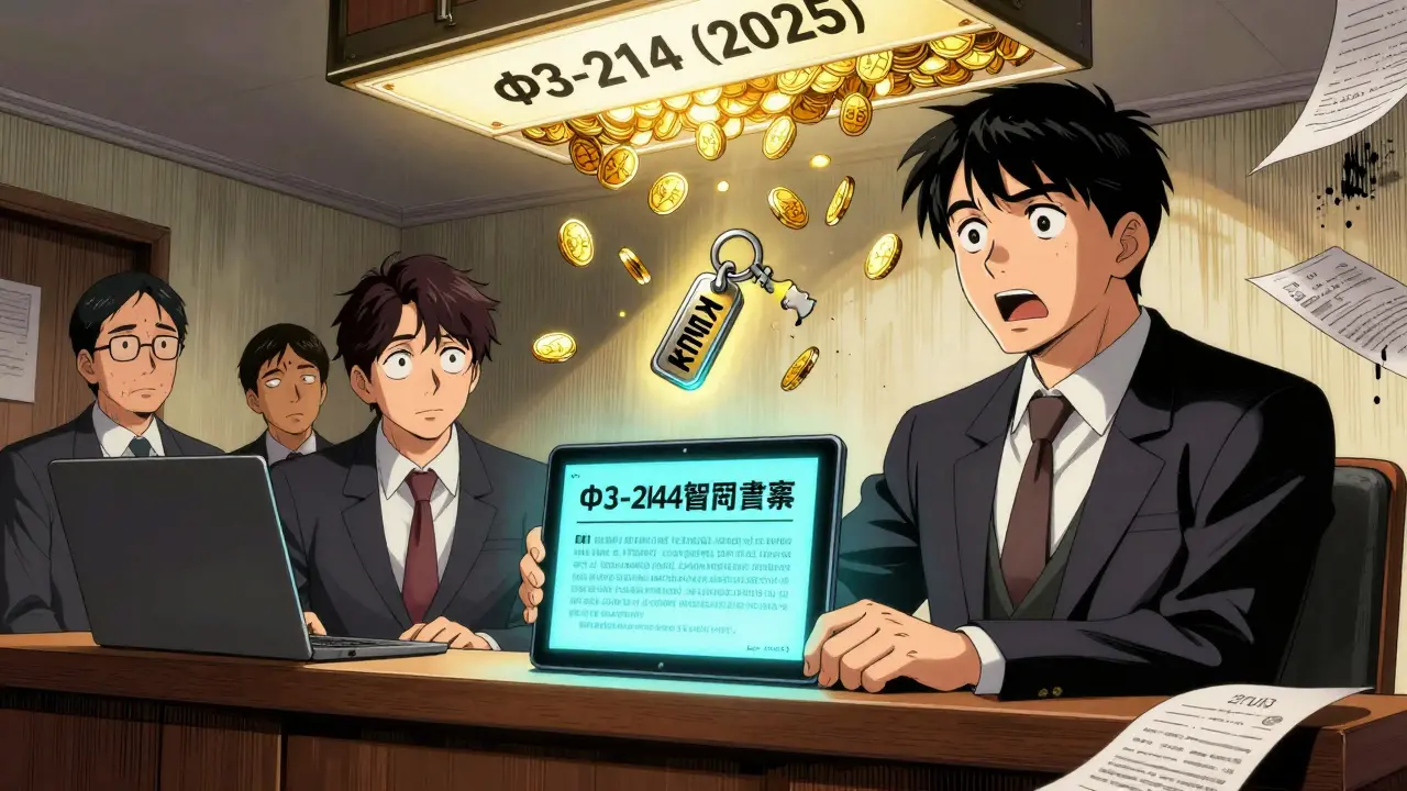 Юрист в суде показывает закон 2025 года, золотые монеты падают на застройщика, символизируя автоматическую выплату.