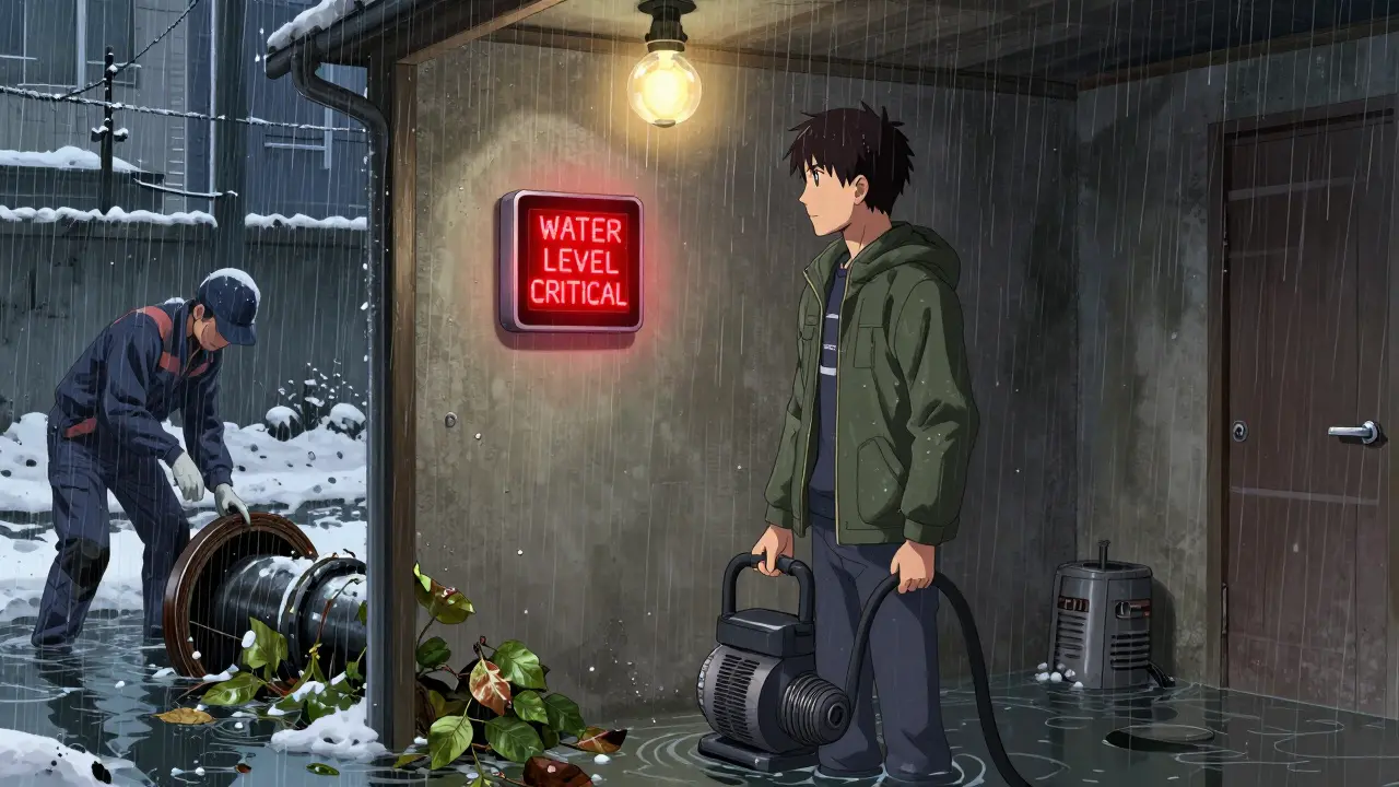 Владелец в подвале с насосом, умный датчик мигает красным, за окном — таящий снег и переполненный колодец.
