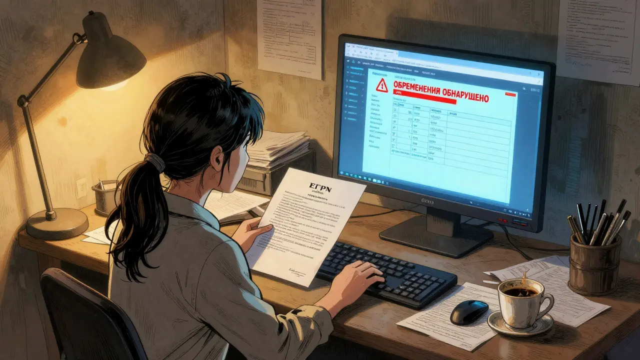 Женщина сверяет данные квартиры в ЕГРН с договором, на экране — предупреждение об обременении.