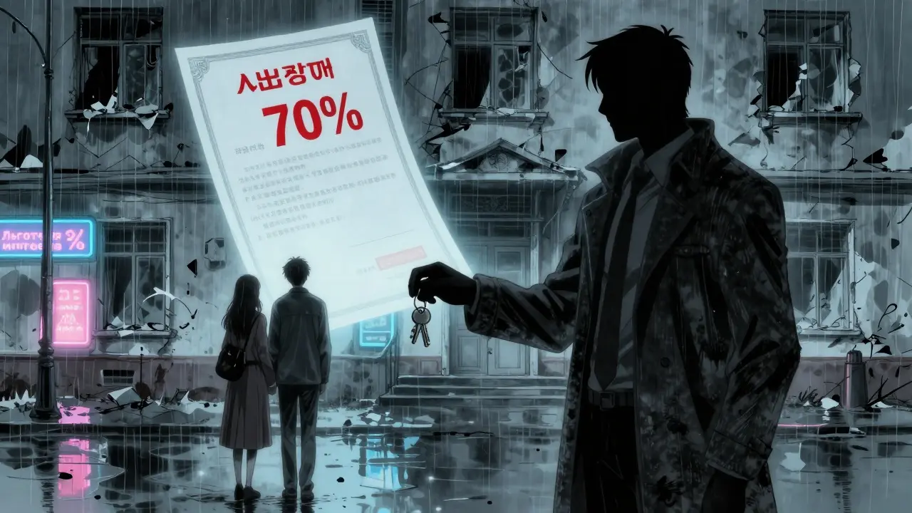 Агент по недвижимости перед домом в Горно-Алтайске с призрачными предупреждениями о фиктивных сделках