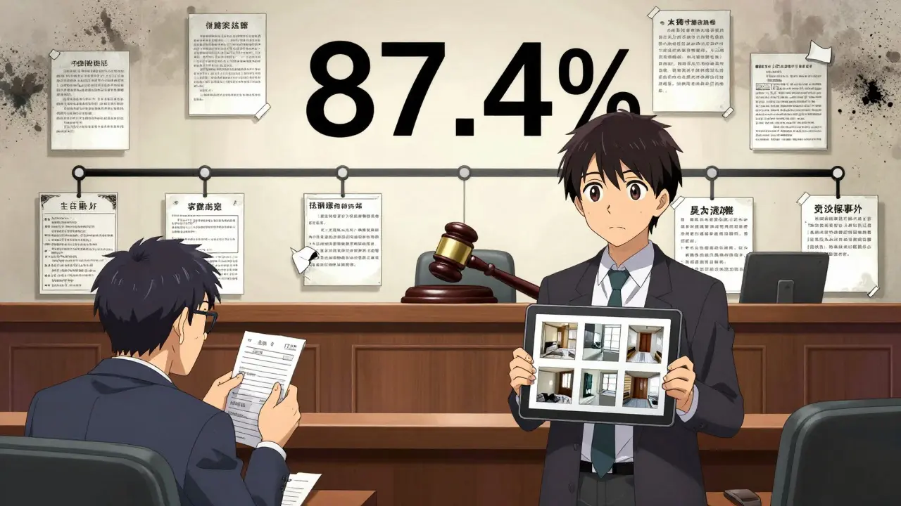 Арендатор в суде показывает фото квартиры на планшете, арендодатель сбивается с ног, на фоне — цифры возврата залога.