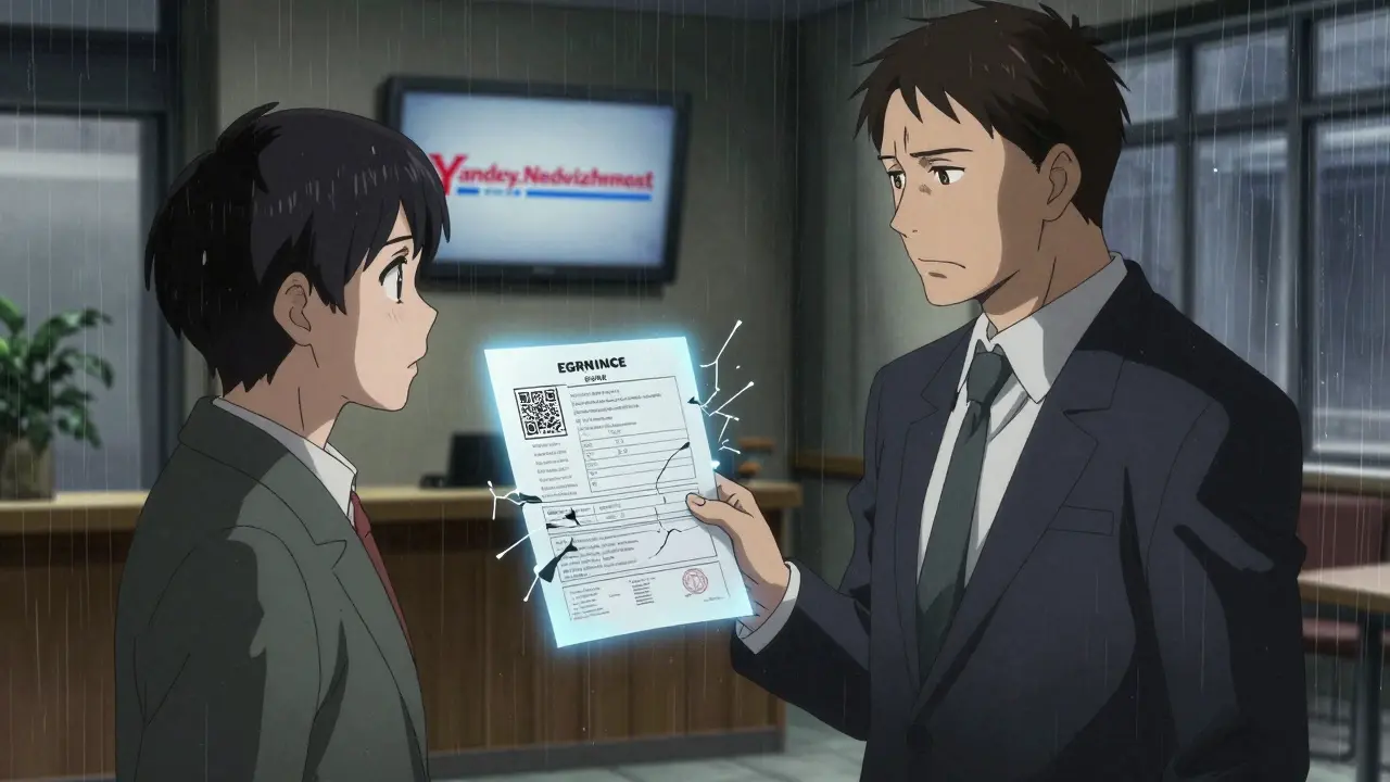 Человек проверяет настоящий документ ЕГРН напротив арендатора, рядом мелькает поддельная версия.