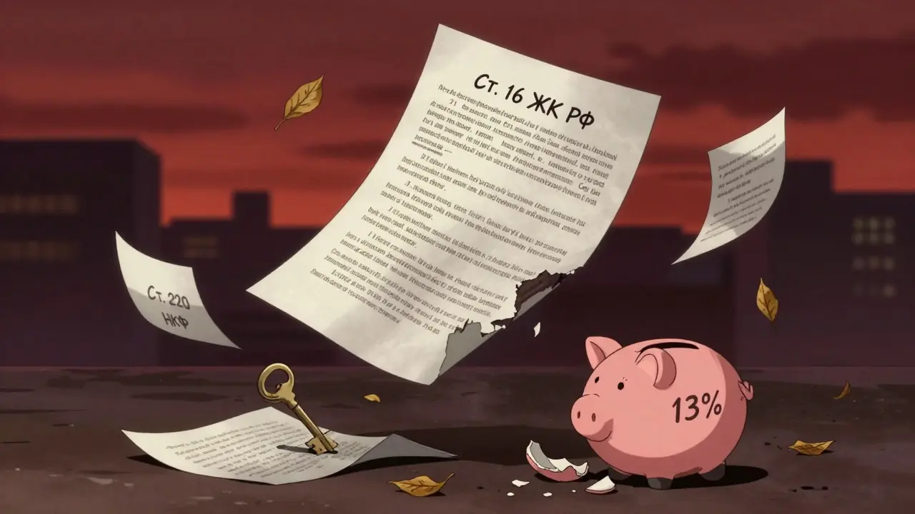 Документы налоговой разлетаются, ключ и копилка разбиты, символизируя потерю вычета на апартаменты.