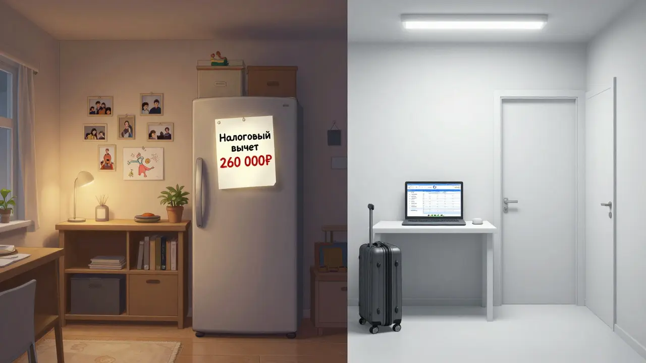 Две комнаты: одна — уютная квартира с вычетом, другая — холодный офис с бухгалтерскими расчетами.