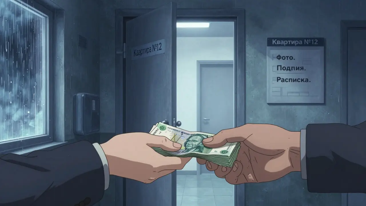 Две руки обмениваются деньгами в коридоре — одна передает залог, другая принимает, за спиной дверь с номером квартиры.
