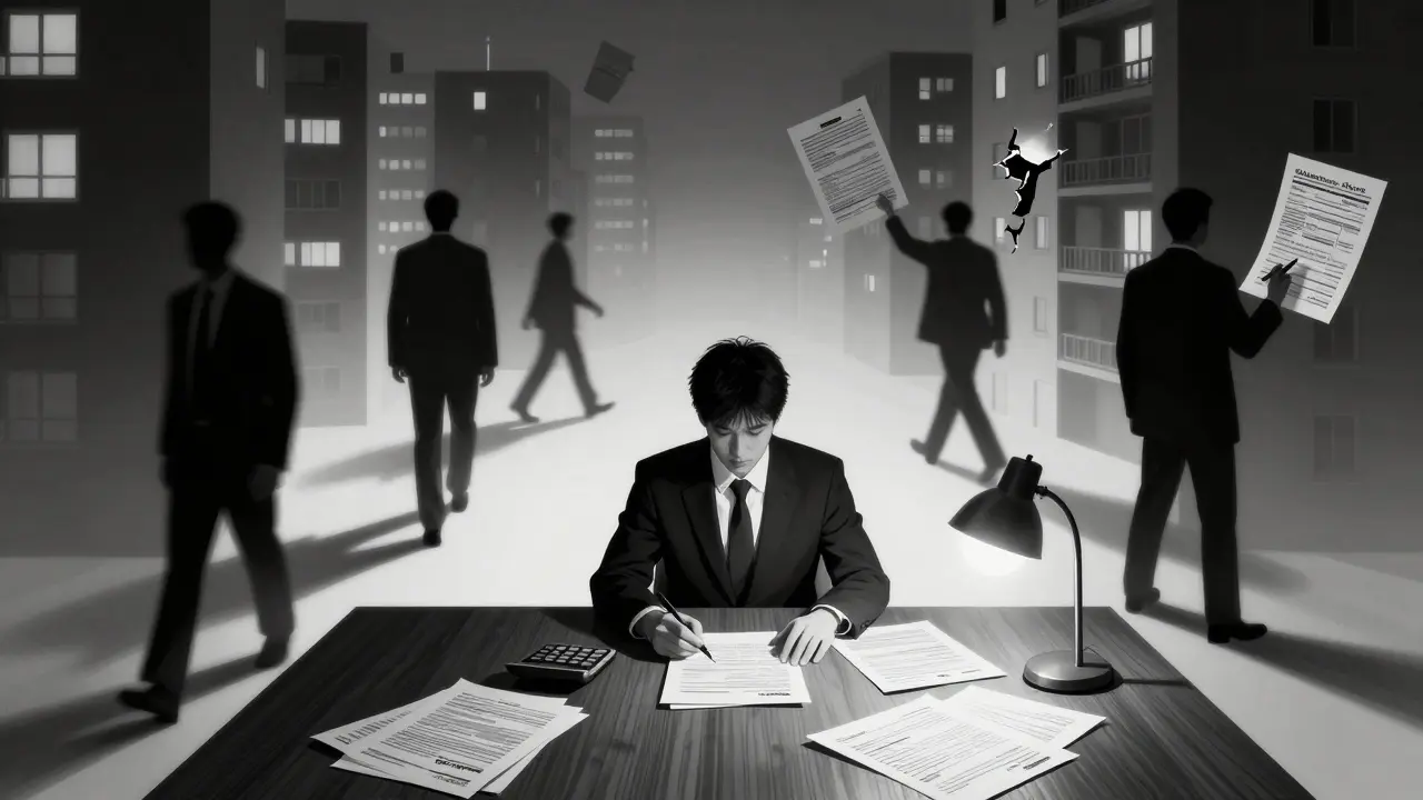 Инвестор в одиночестве управляет арендным бизнесом, вокруг него — тени арендаторов и финансовые риски, освещенные одним светом лампы.