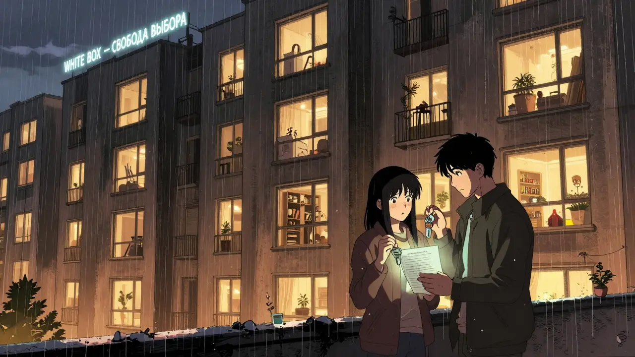 Квартирный комплекс в Москве при закате: окна с разными уровнями отделки, пара держит ключи и договор.