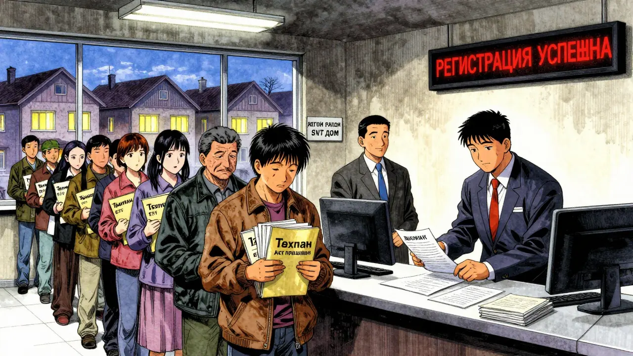 Люди в мэрии получают прописку, за окном — ряд домов с табличками 'Жилой дом'.