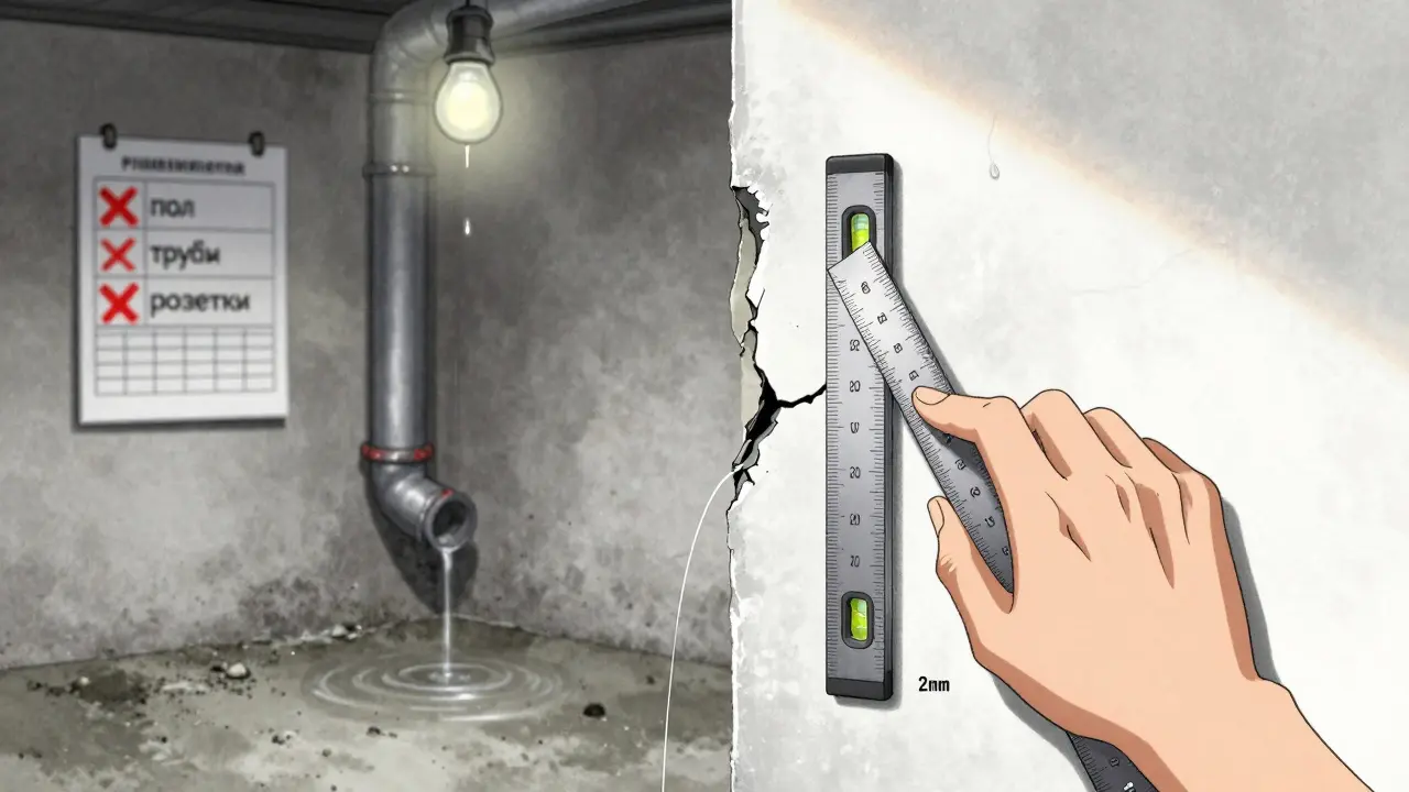 Рука проверяет ровность стены лазерным уровнем, вода капает из треснувшей трубы.