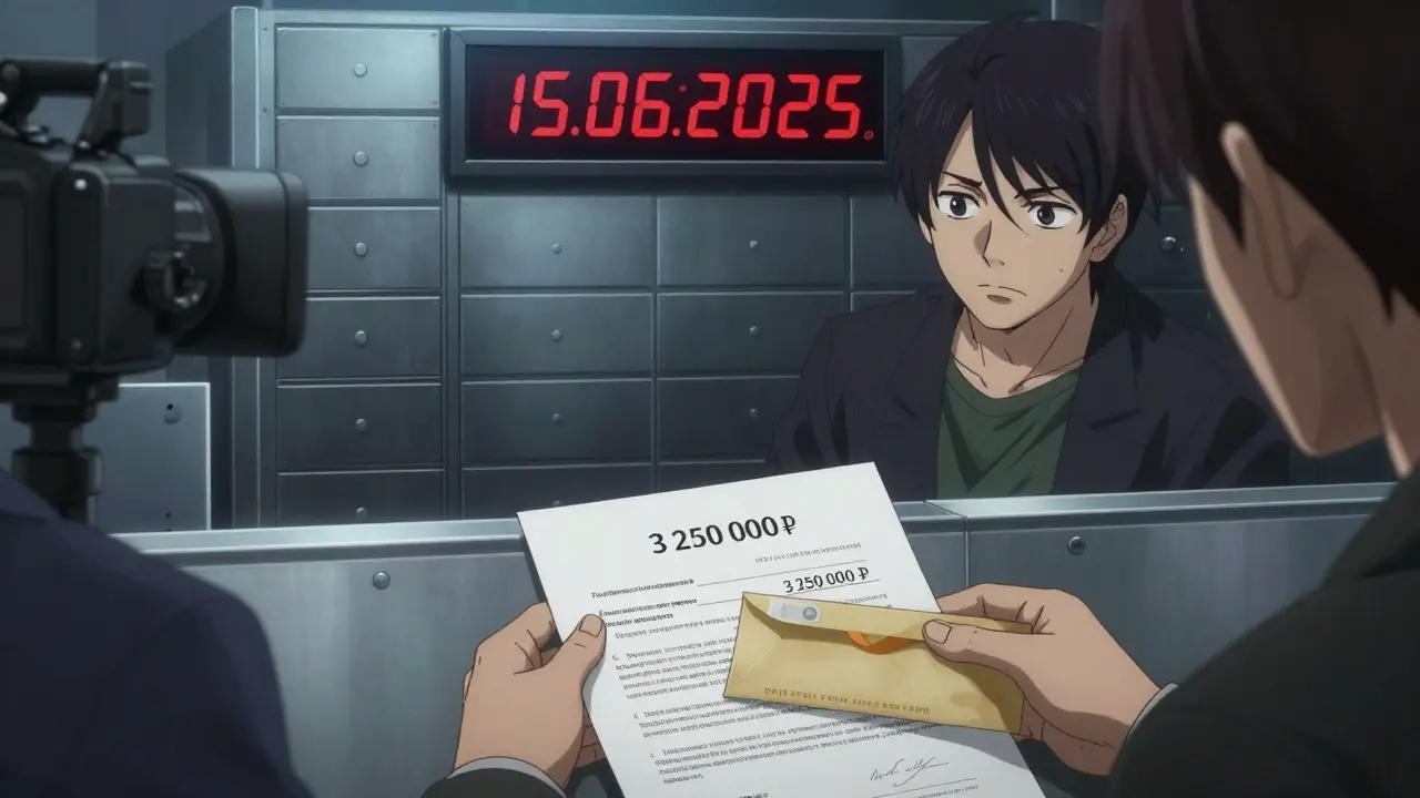 Супруги подписывают договор купли-продажи квартиры у банковской ячейки, передавая деньги.