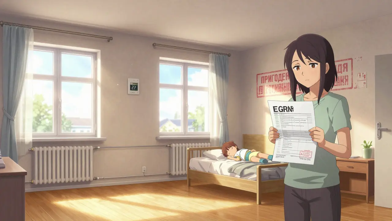 Внутри уютного дома с отоплением и высокими потолками женщина смотрит на документ о признании дома жилым.