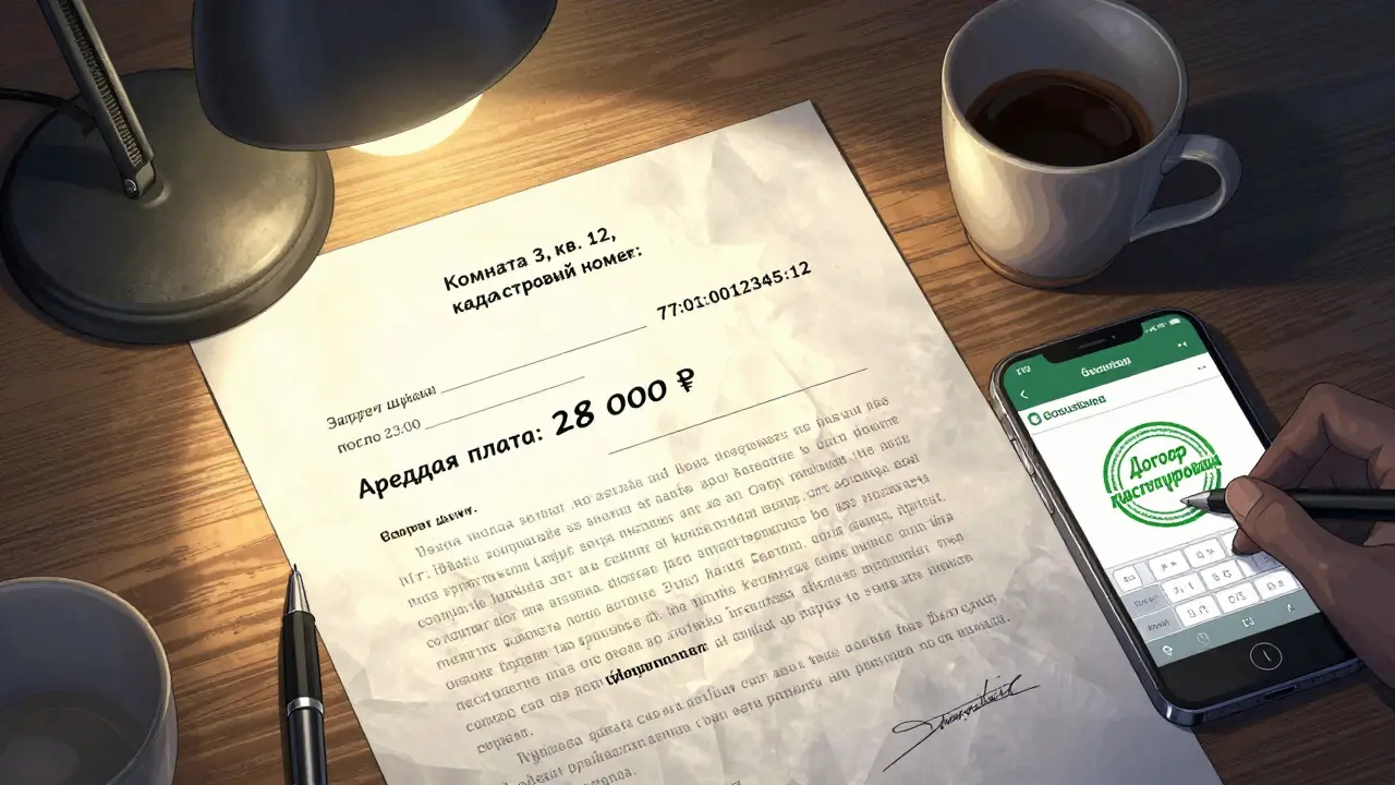 Детальный вид договора аренды комнаты с указанием суммы, кадастрового номера и статуса регистрации на Госуслугах.