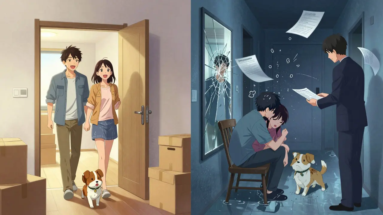 Две сцены: пара с собакой в новой квартире и та же пара с ущербом — контраст надежды и катастрофы.
