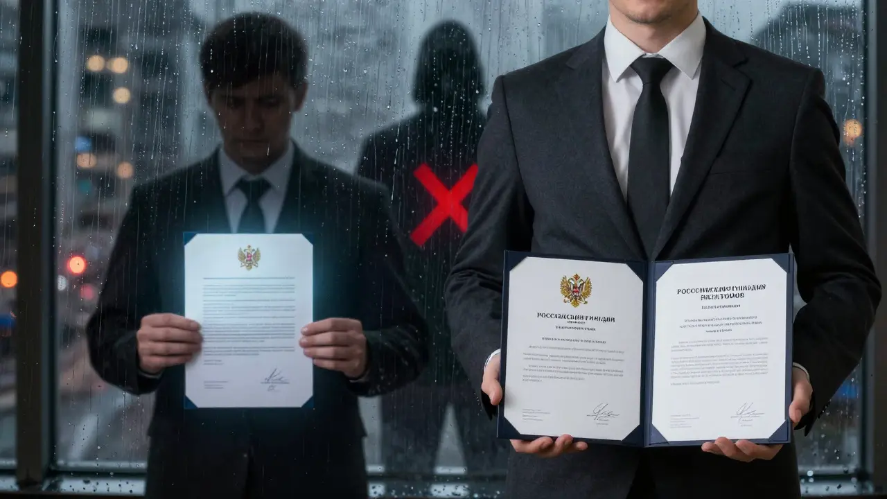 Хозяин держит договор, риелтор с сертификатом РГР, тень мошенника исчезает в дожде.