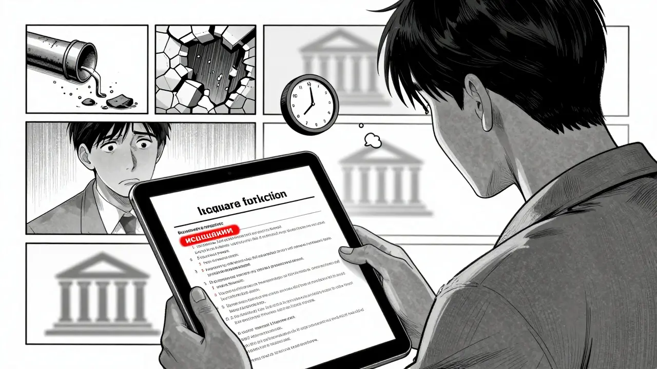 Мужчина изучает полис страхования, красные исключения светятся на экране планшета.