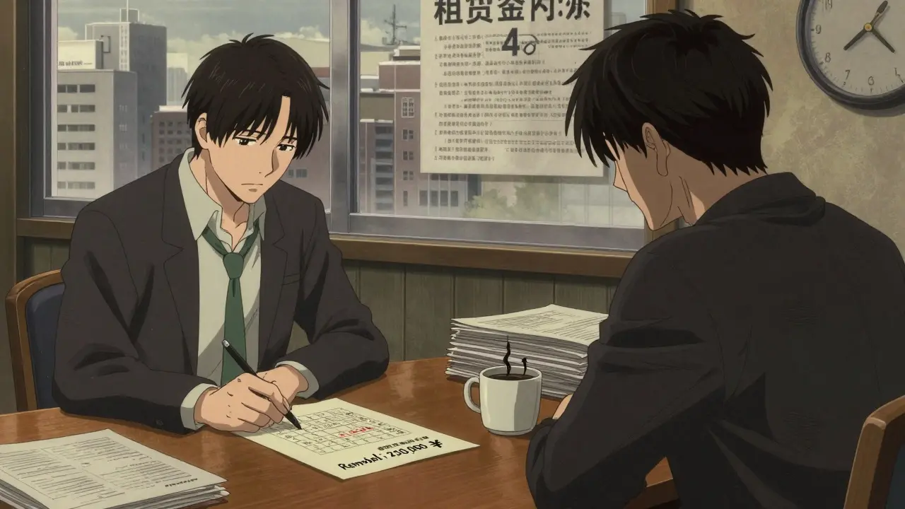 Переговоры за столом: покупатель показывает расчеты ремонта, продавец в напряжении.