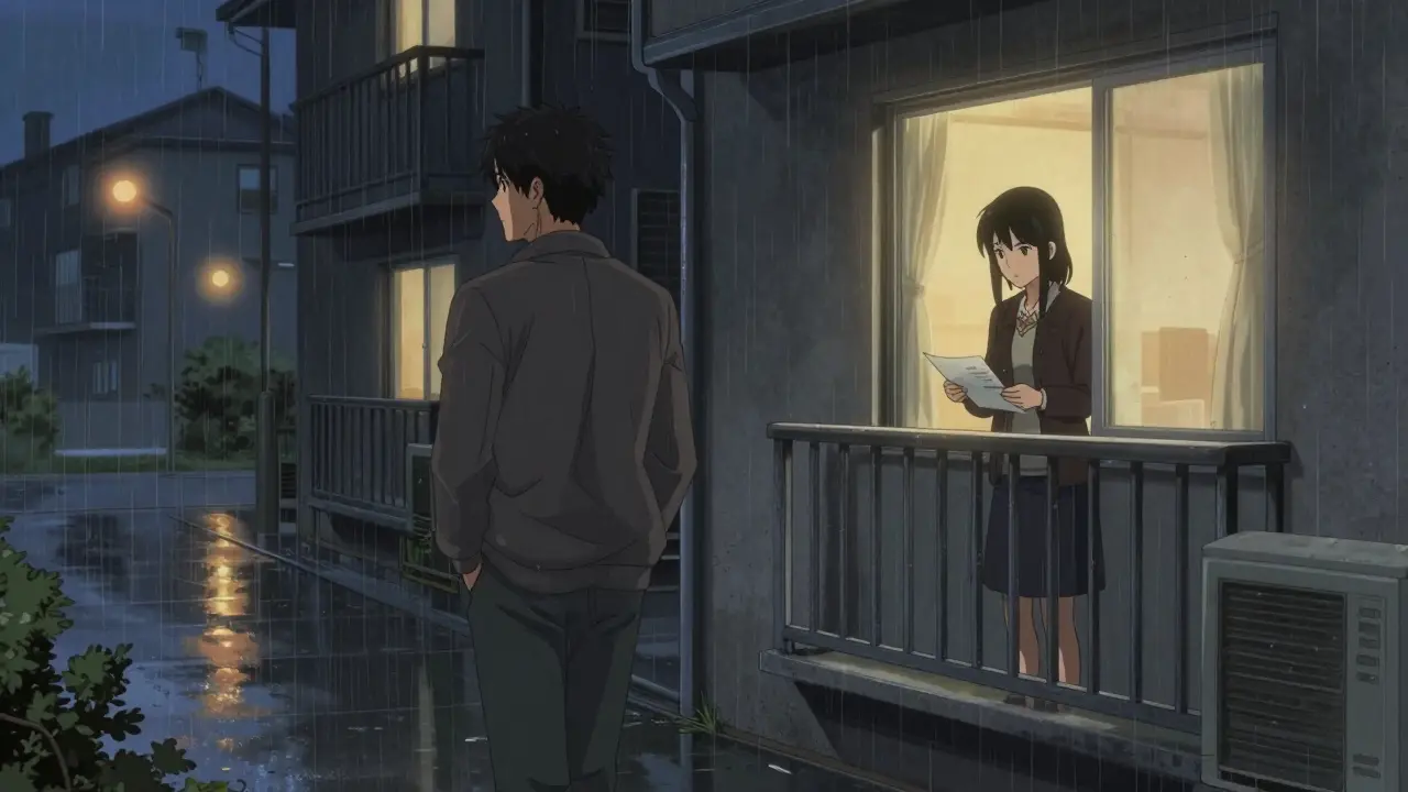 Покупатель уходит, продавец один на балконе, начинается дождь.