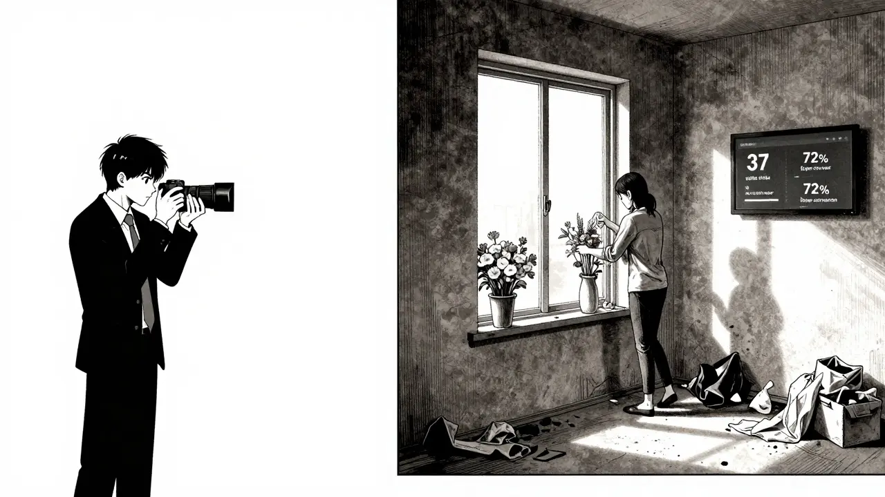 Риелтор снимает квартиру, хозяйка убирает вещи, свет и тени подчеркивают подготовку.